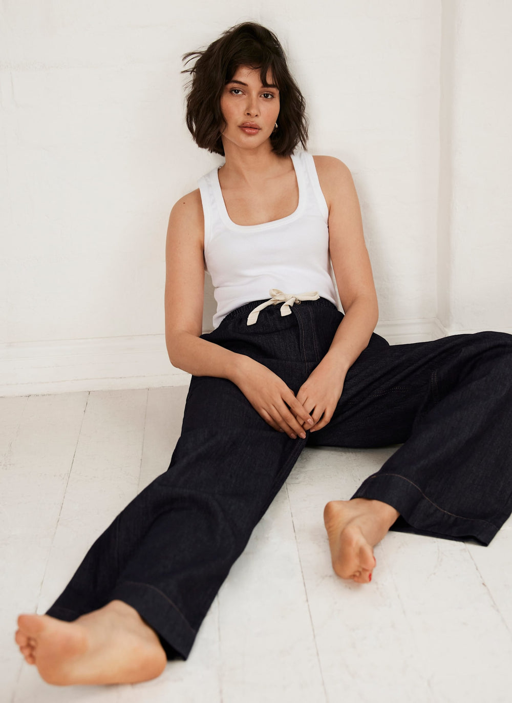 Dark Indigo Tie Waist Wide Jeans