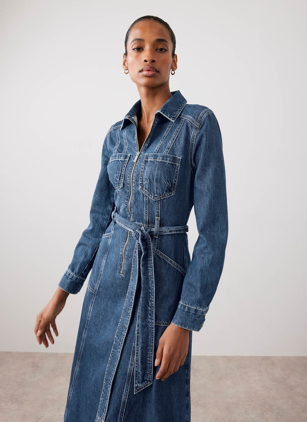 Indigo Denim Belted Midi Shirt Dress