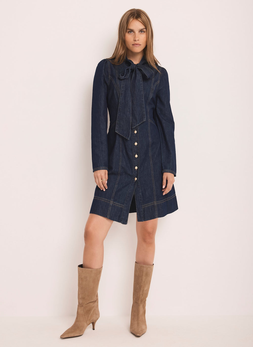 Denim Pussy Bow Mini Dress