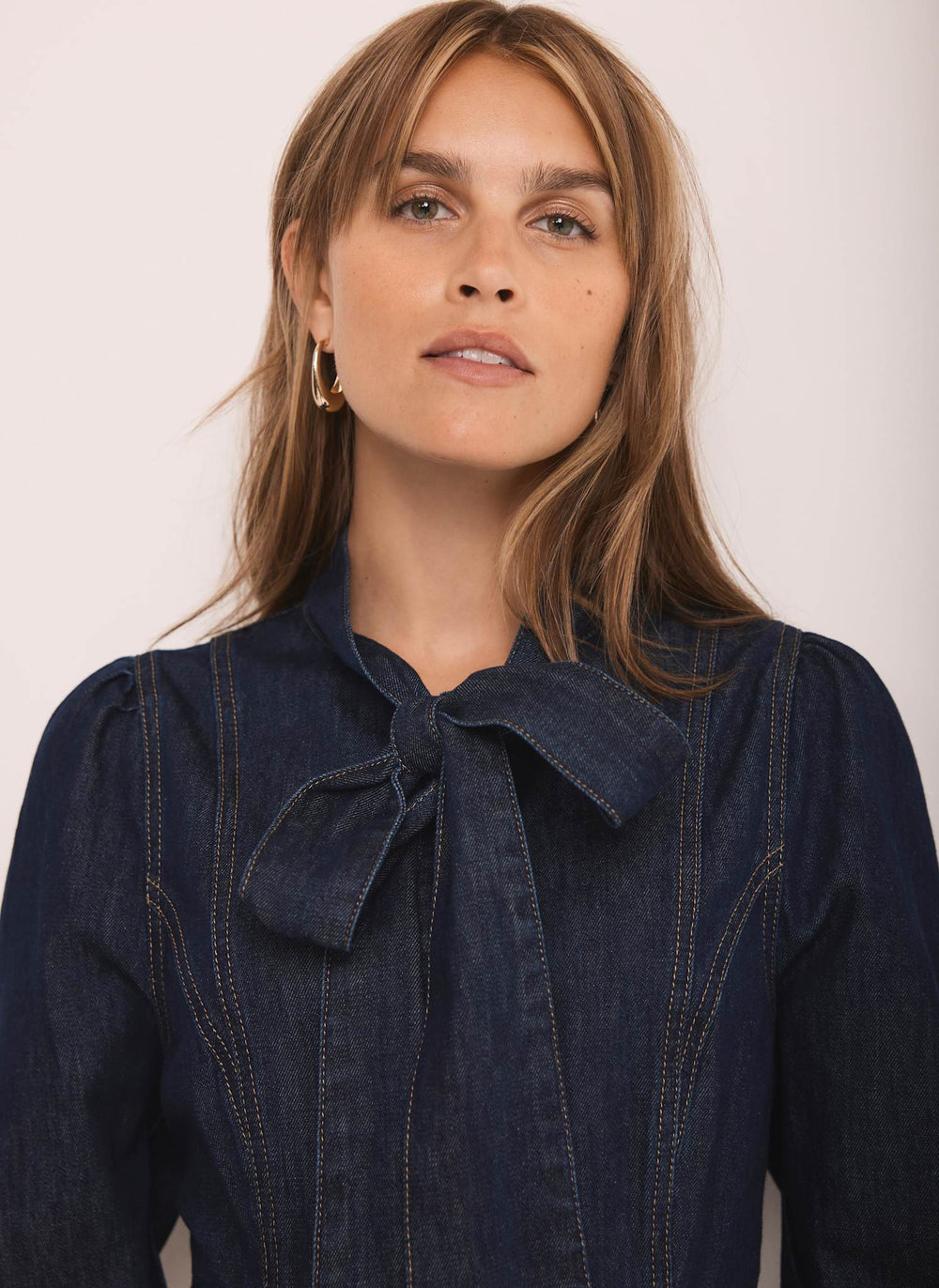 Denim Pussy Bow Mini Dress