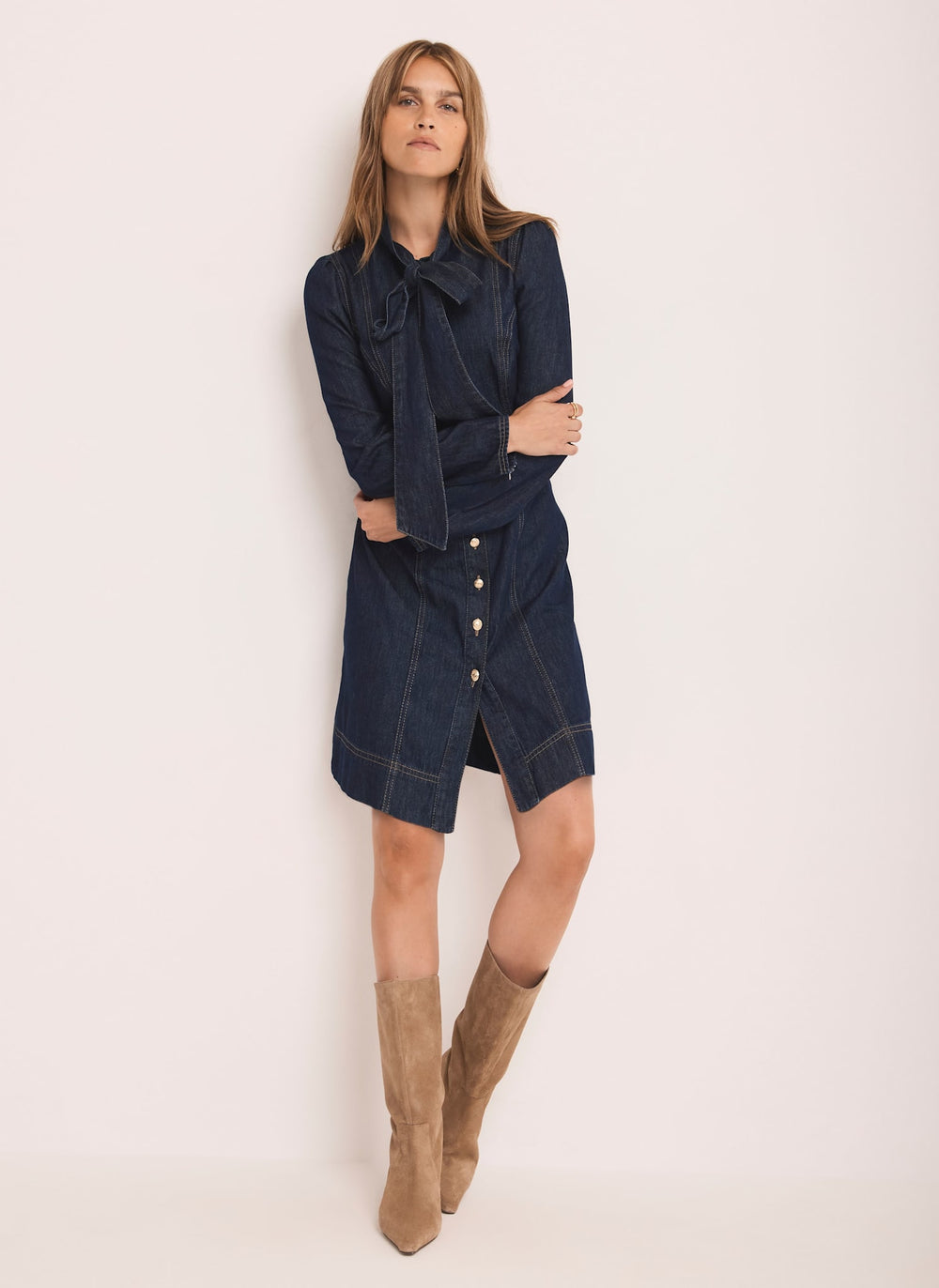 Denim Pussy Bow Mini Dress