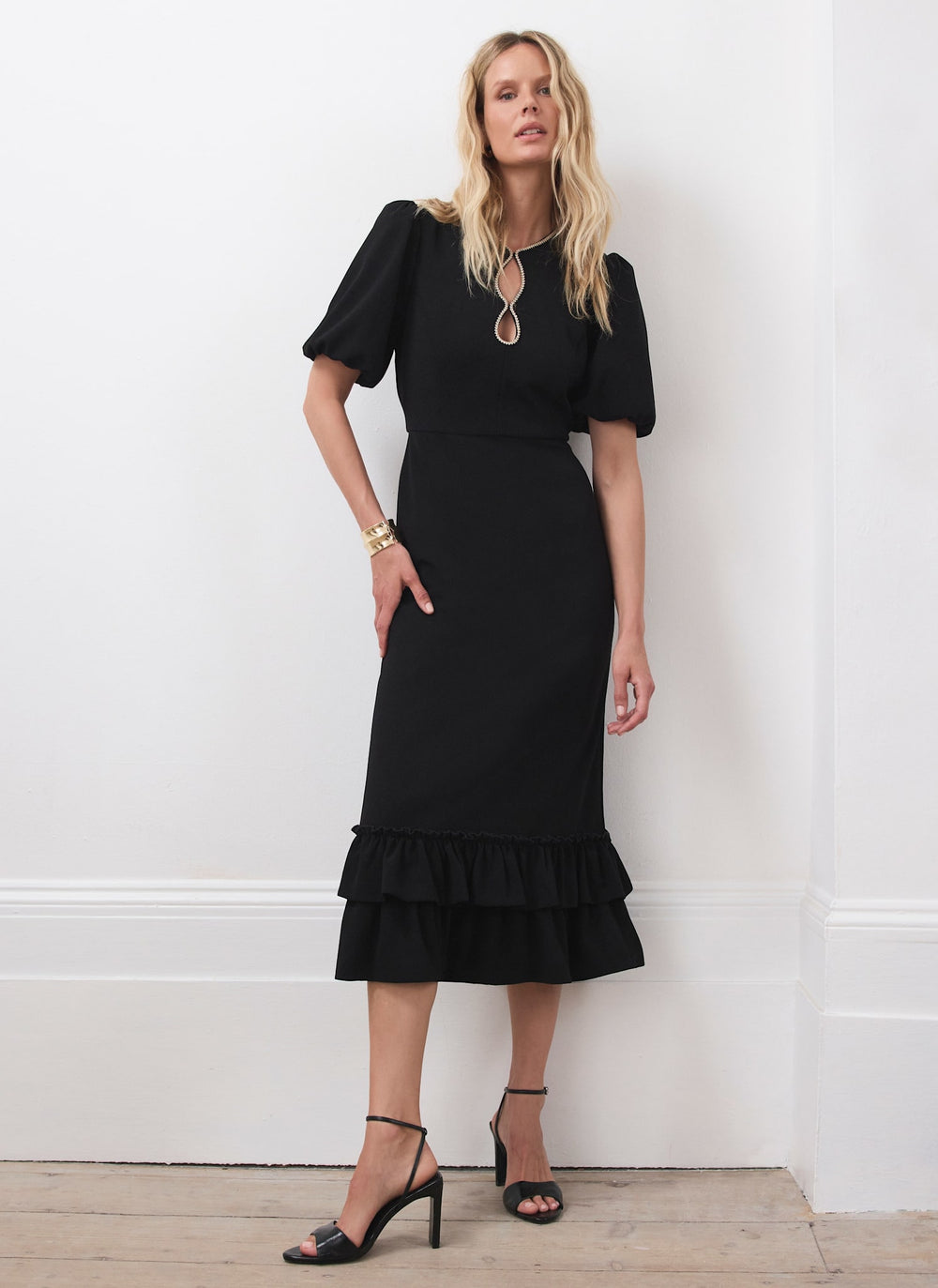 Black Diamante Trim Midi Dress