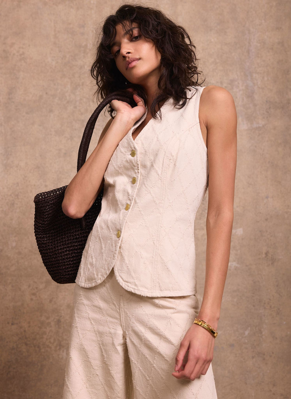 Cream Denim Diamond Textured Waistcoat