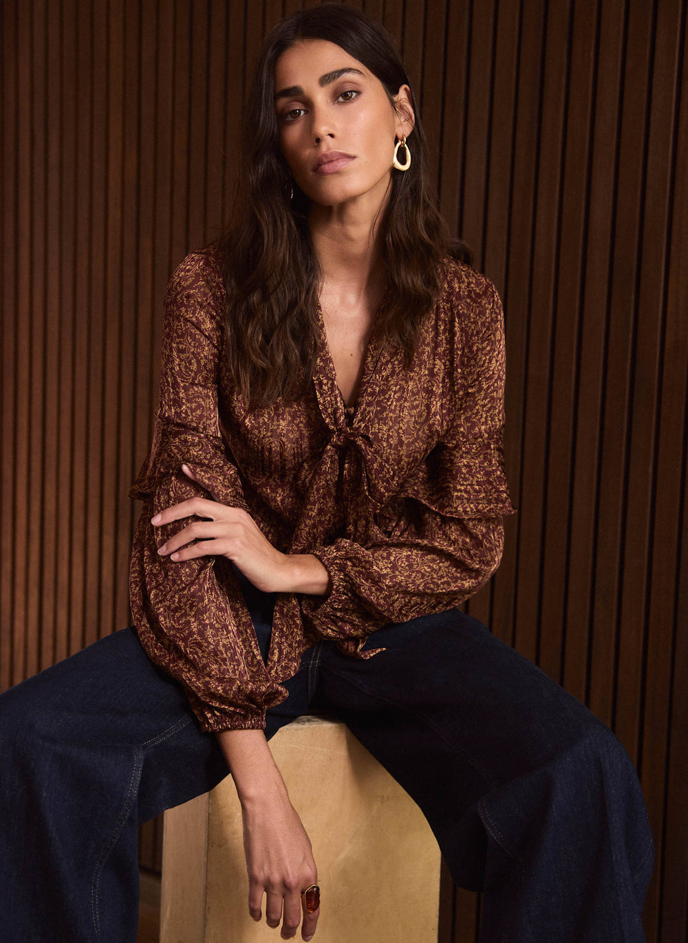 Brown Floral Print Pussybow Blouse