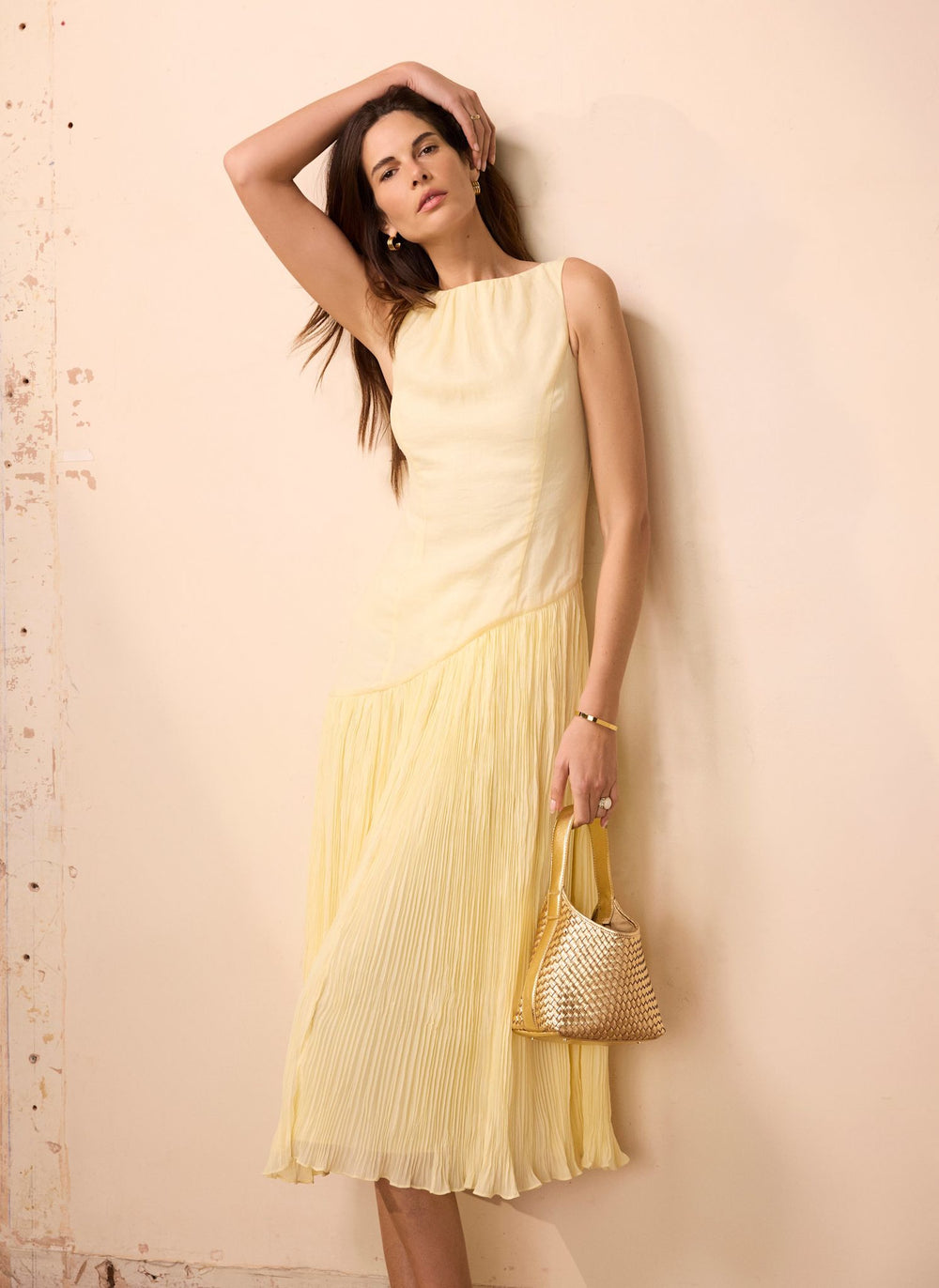 Yellow Crinkle Drop Waist Midi Dress