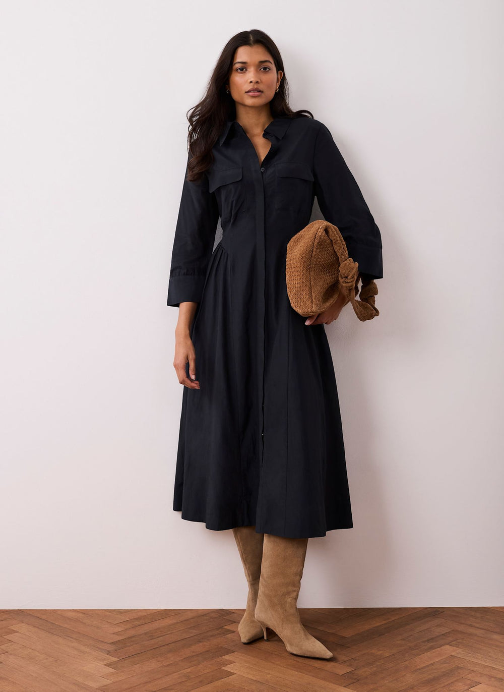 Navy Drop Waist Midi Shirt Dress