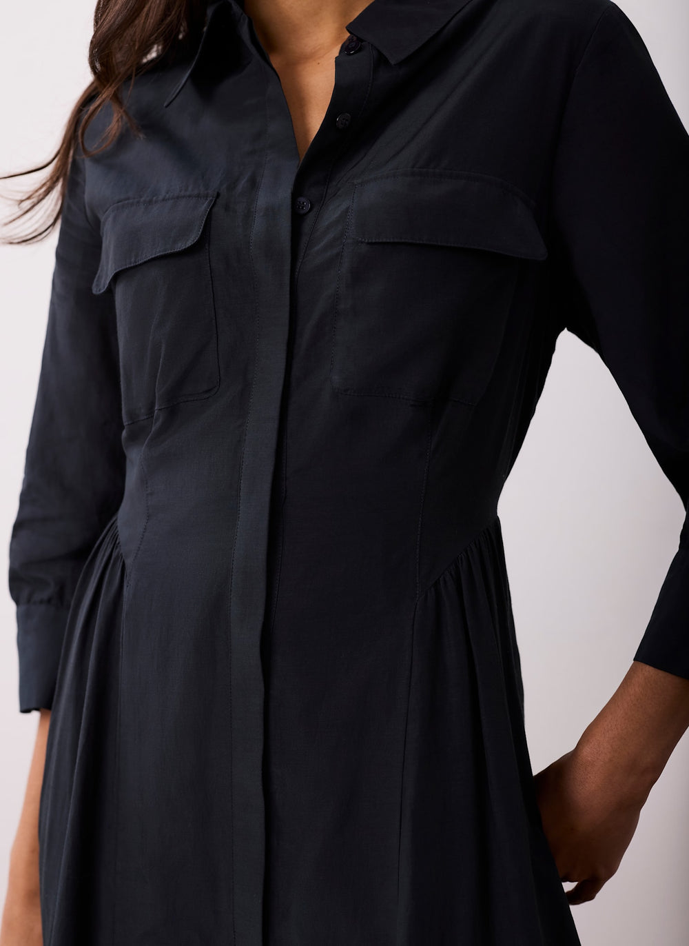 Navy Drop Waist Midi Shirt Dress