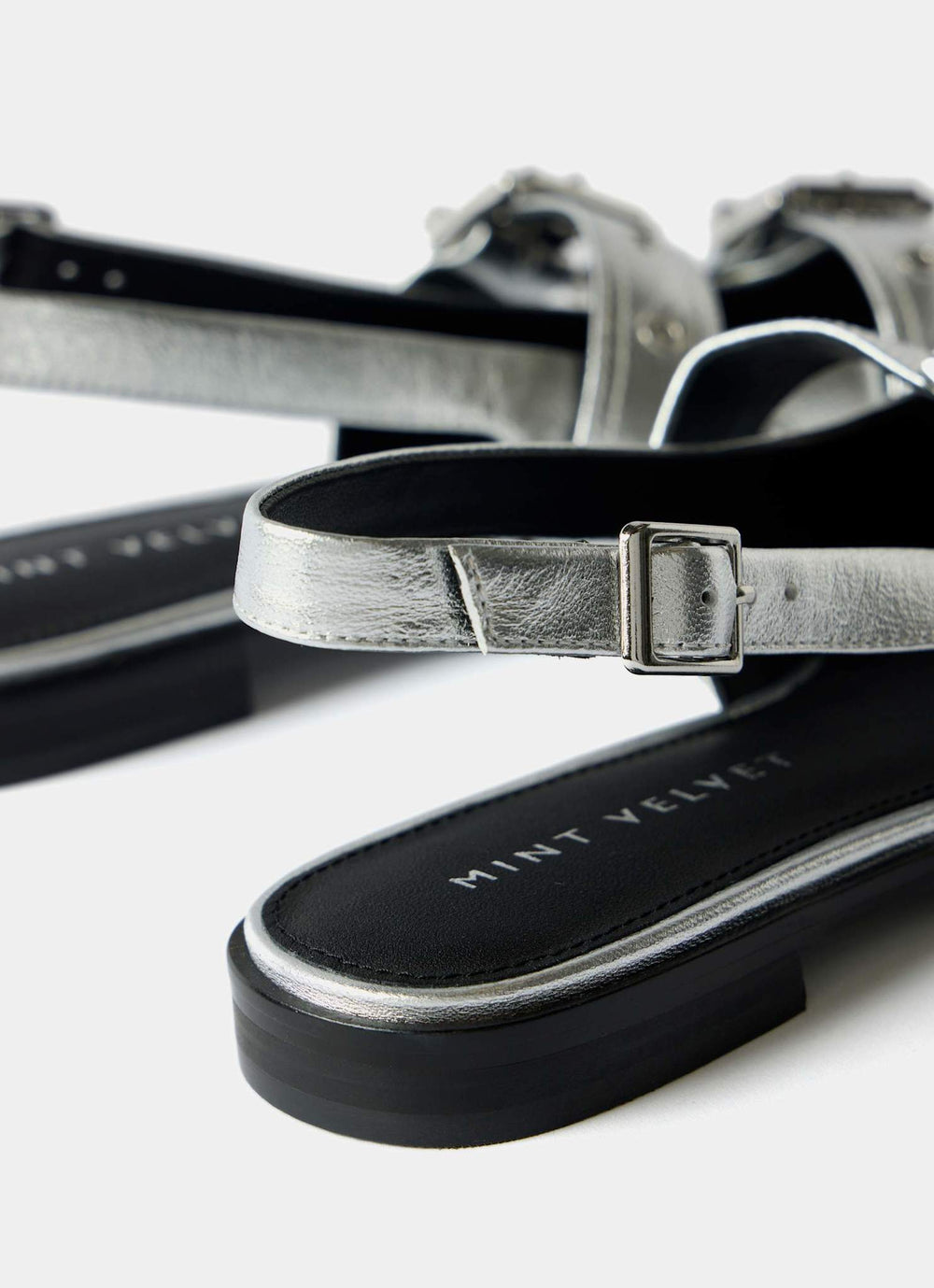 Ella Silver Leather Buckled Flat Shoes