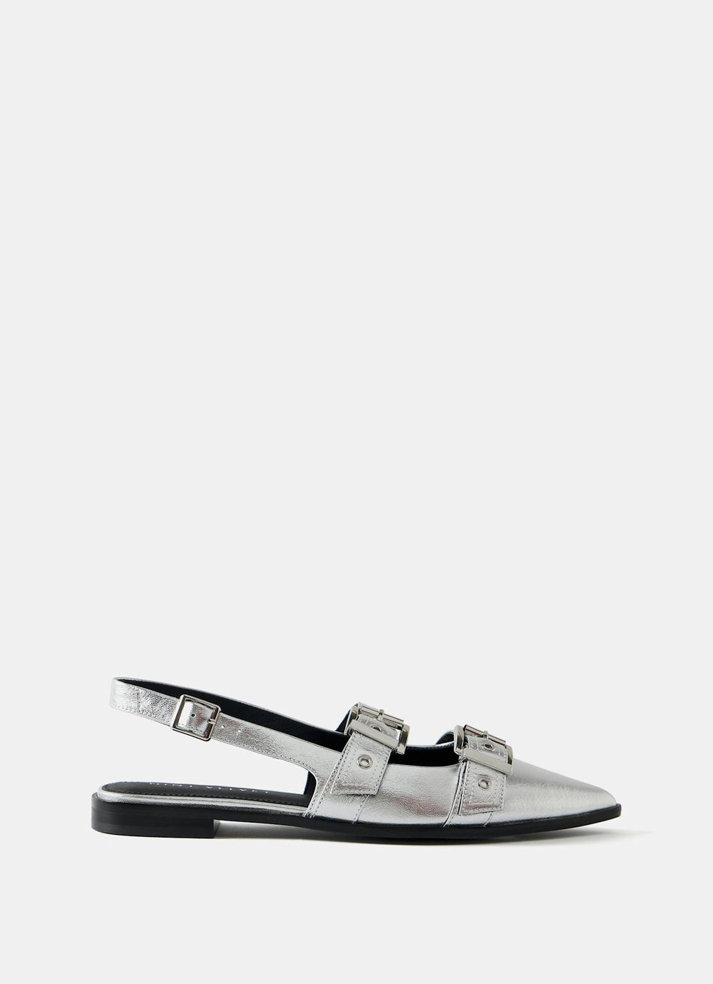 Ella Silver Leather Buckled Flat Shoes