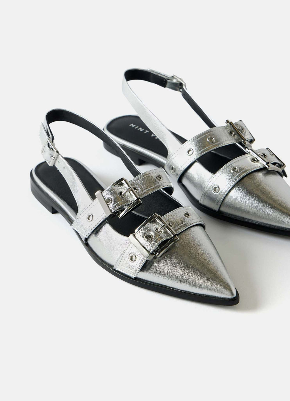 Ella Silver Leather Buckled Flat Shoes