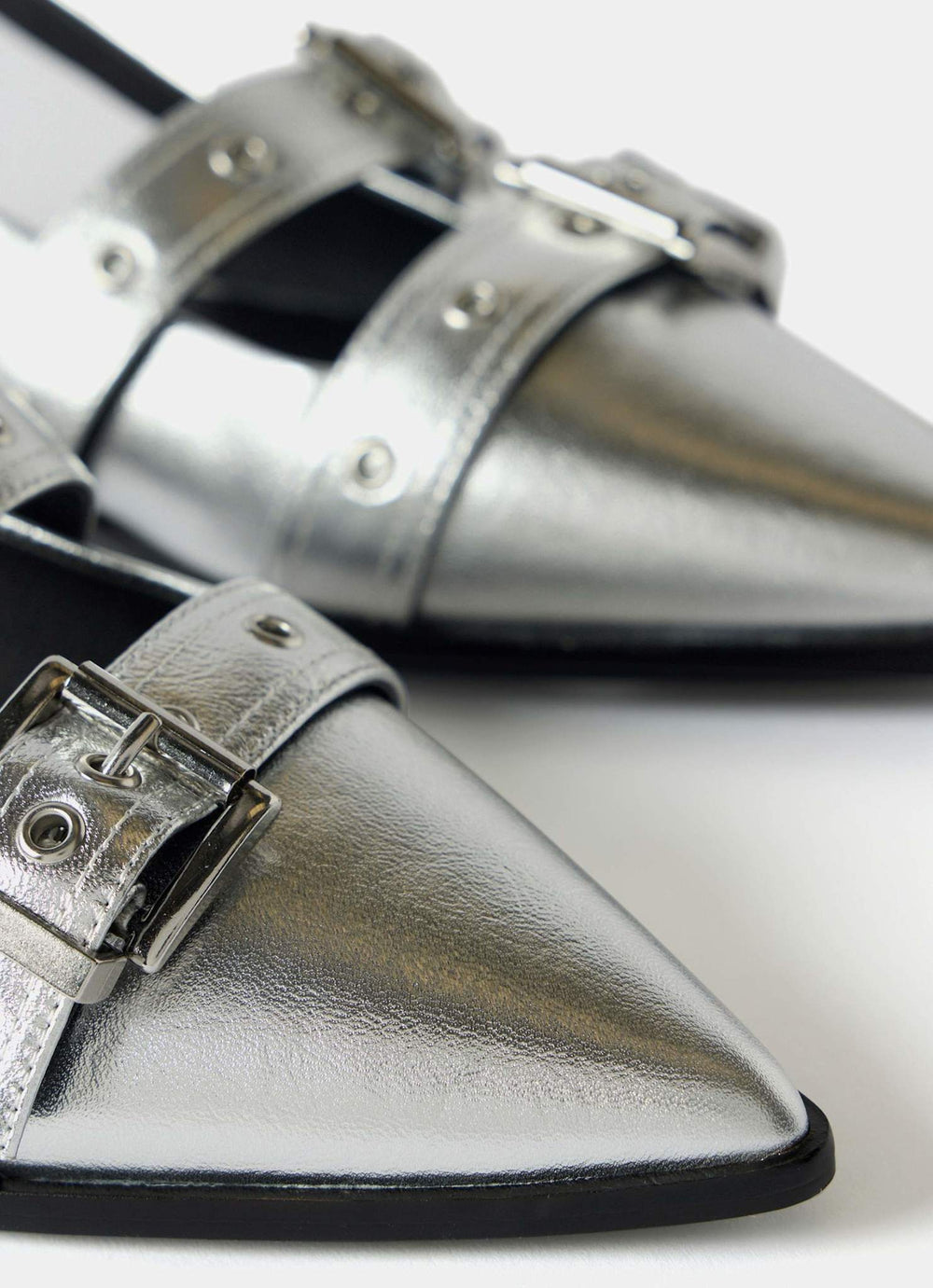 Ella Silver Leather Buckled Flat Shoes