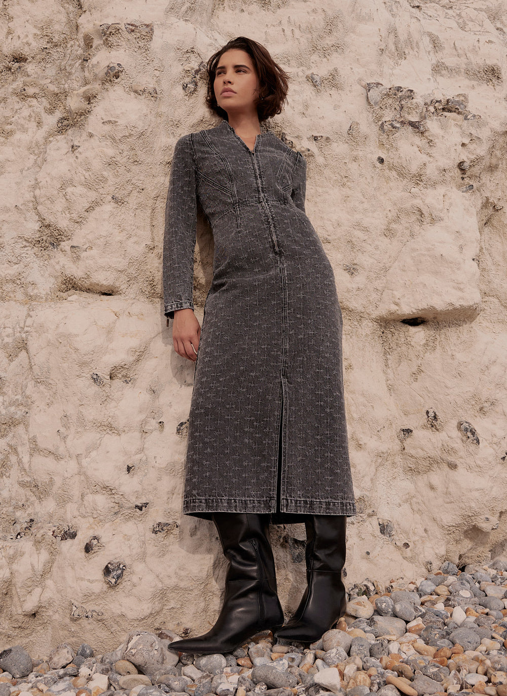 Grey Embellished Denim Midi Dress