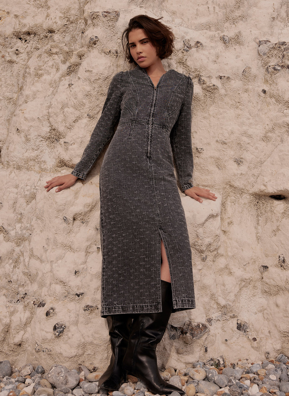 Grey Embellished Denim Midi Dress