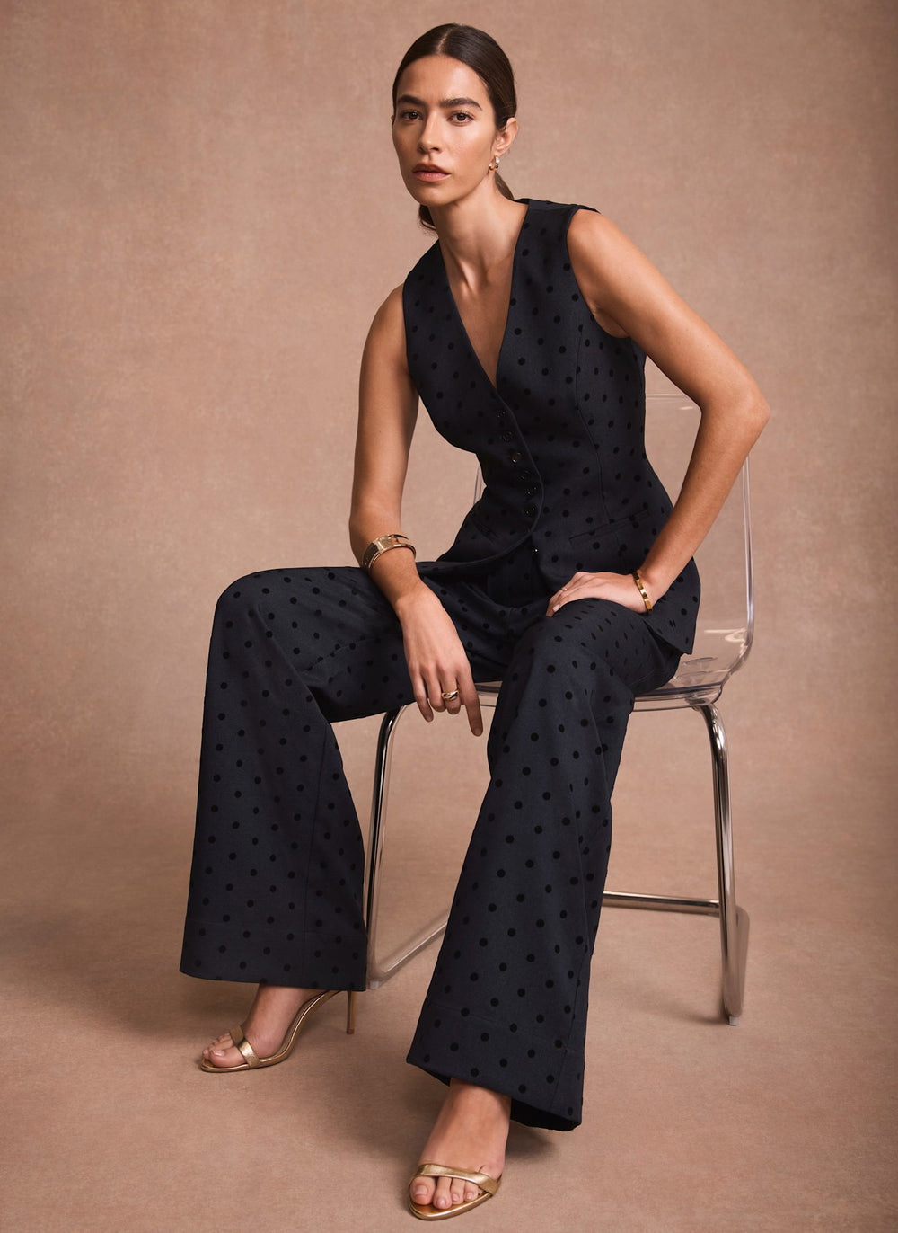 Navy Polka Dot Wide Leg Trousers