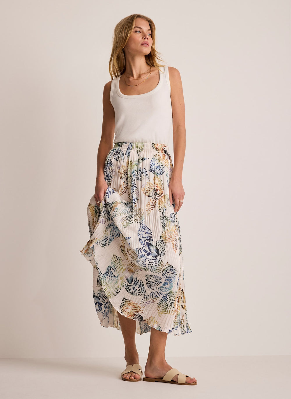 Cream Floral Print Crinkle Maxi Skirt