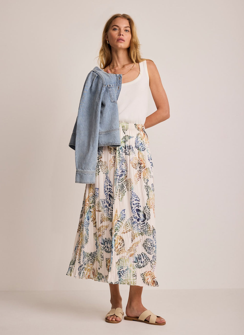 Cream Floral Print Crinkle Maxi Skirt