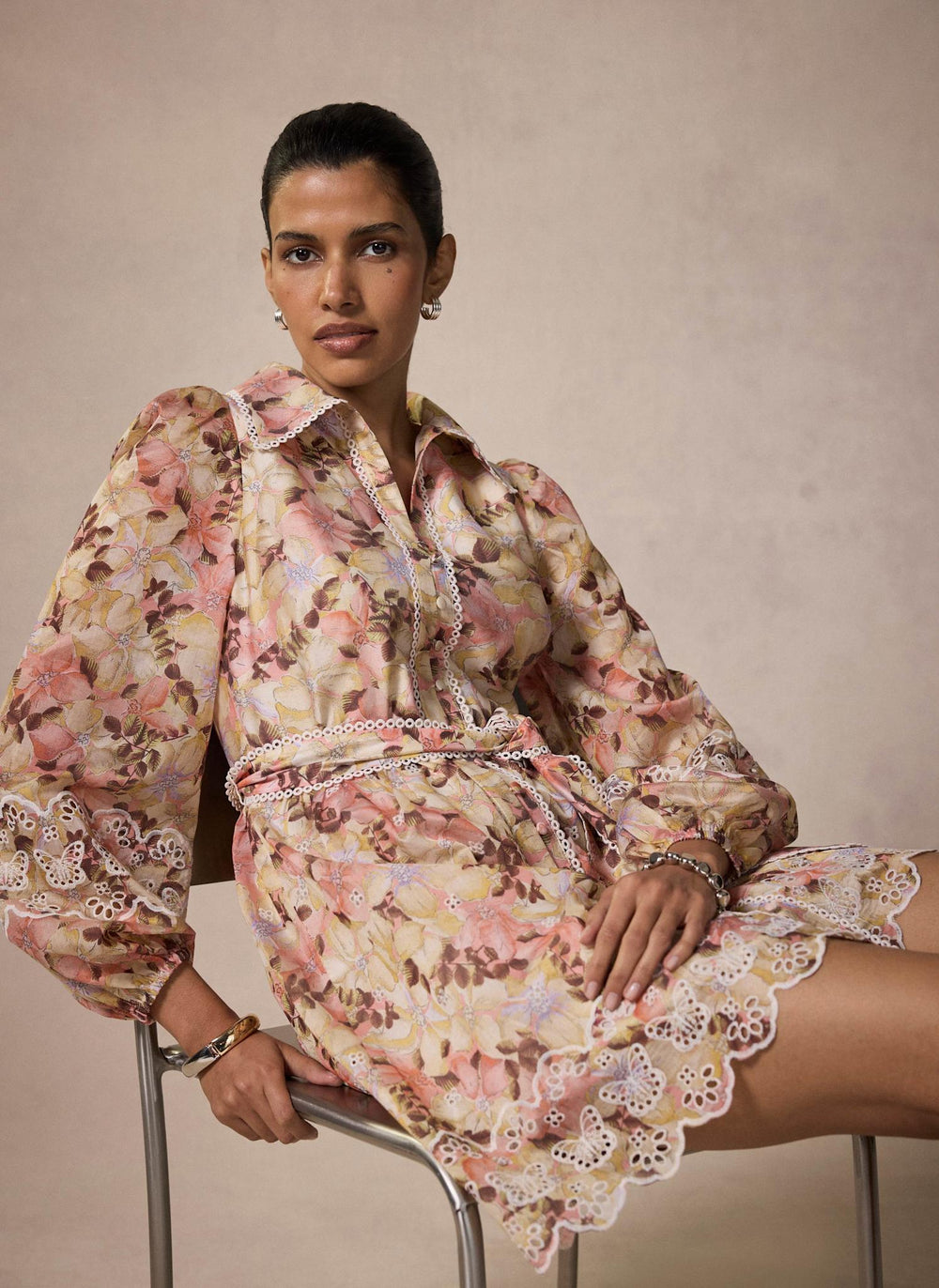 Neutral Floral Print Mini Dress