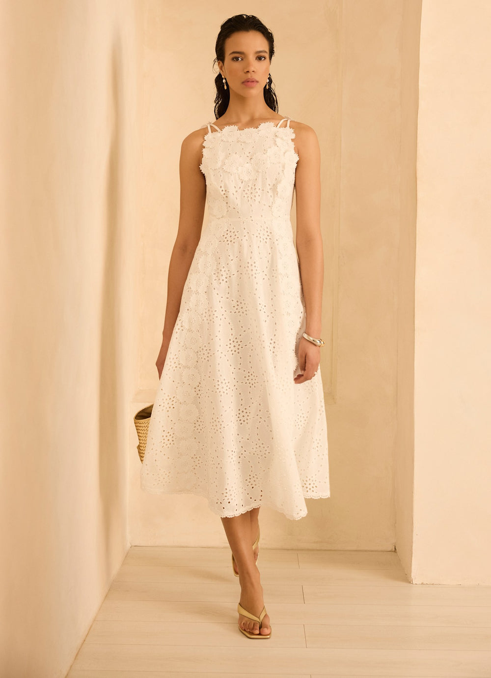 White Cotton Floral Lace Midi Dress