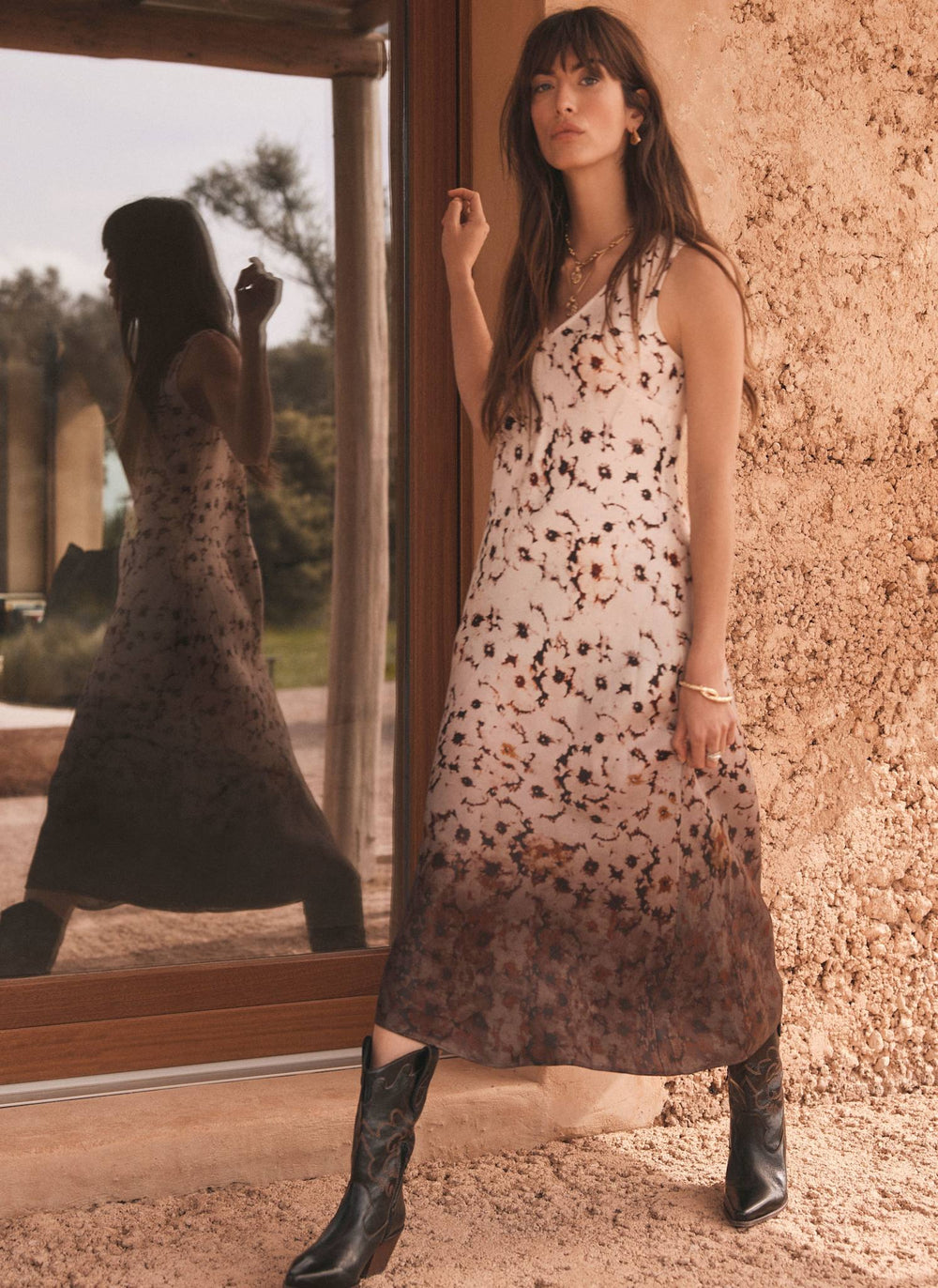 Neutral Floral Ombre Print Midi Dress