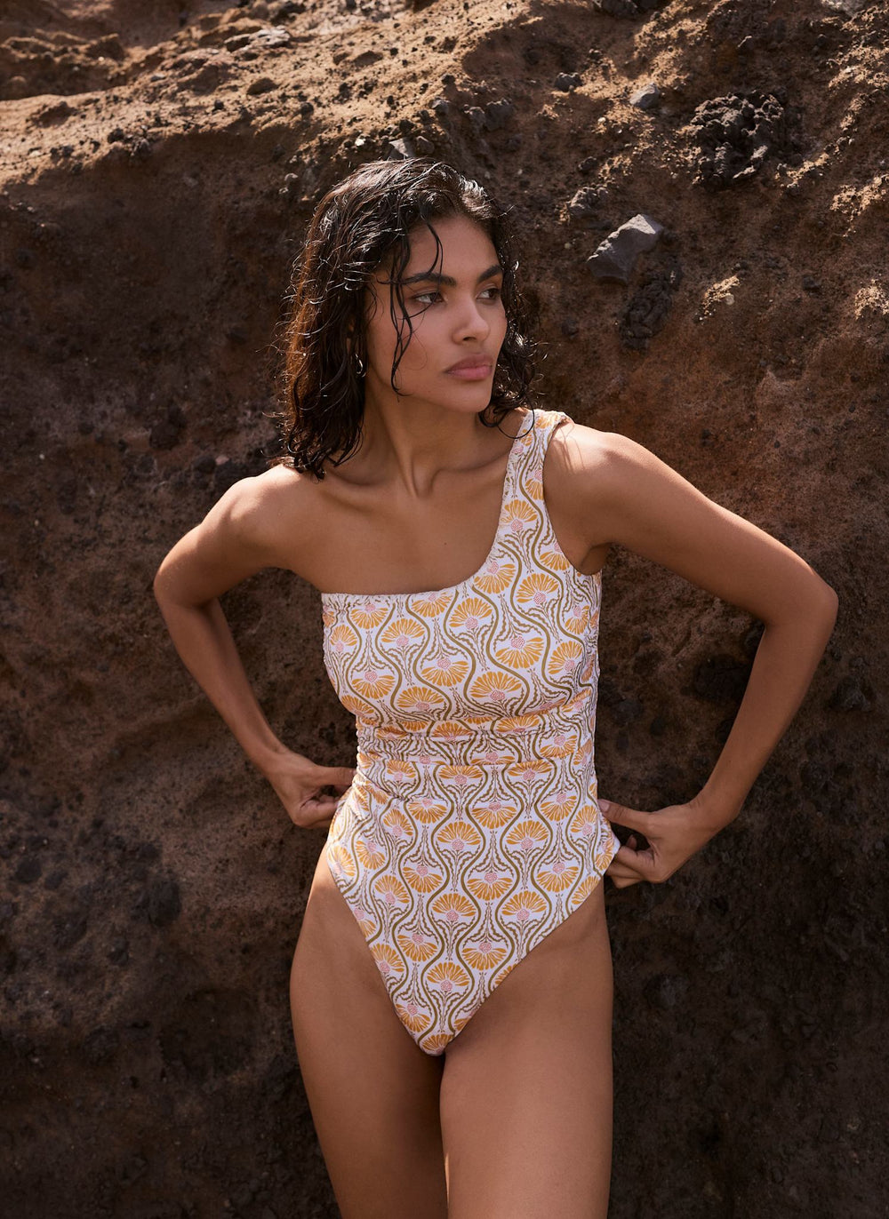 Yellow Floral One Shoulder Swimsuit