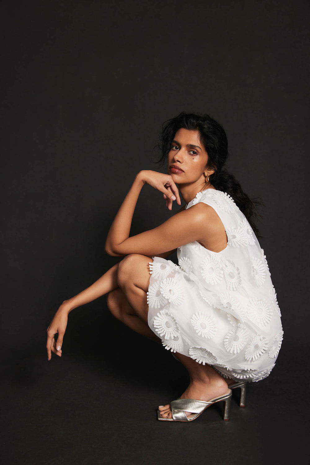 White Floral Applique Mini Dress