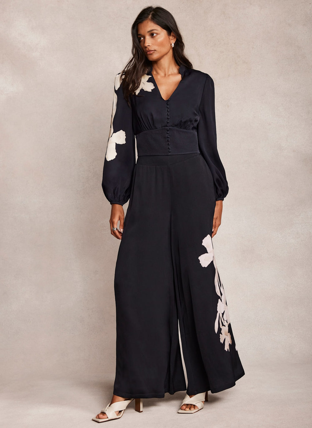 Navy Floral Print Wide Trousers