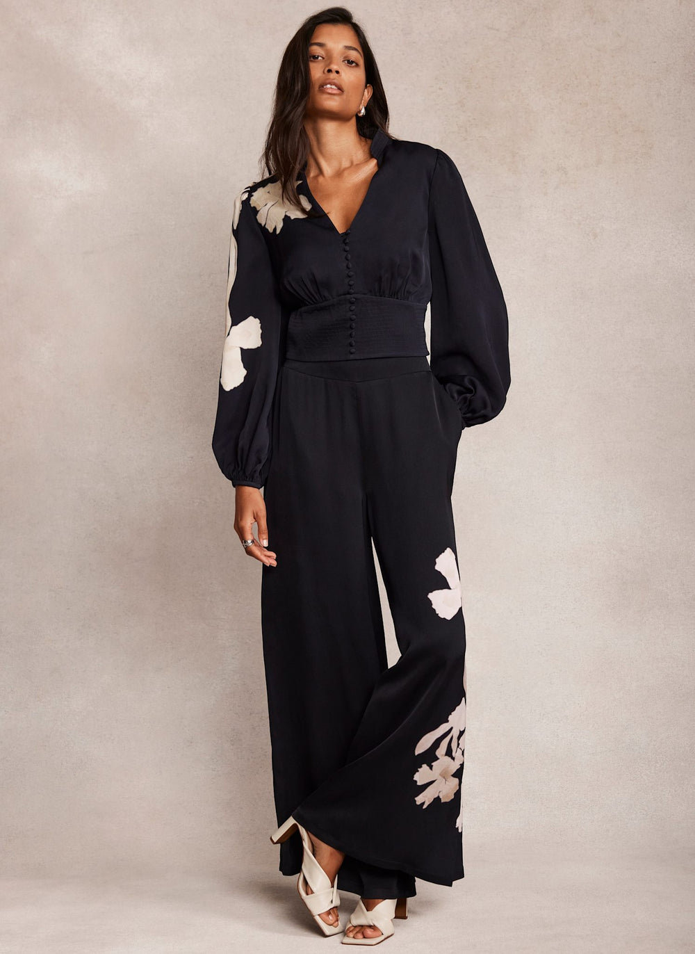 Navy Floral Print Wide Trousers