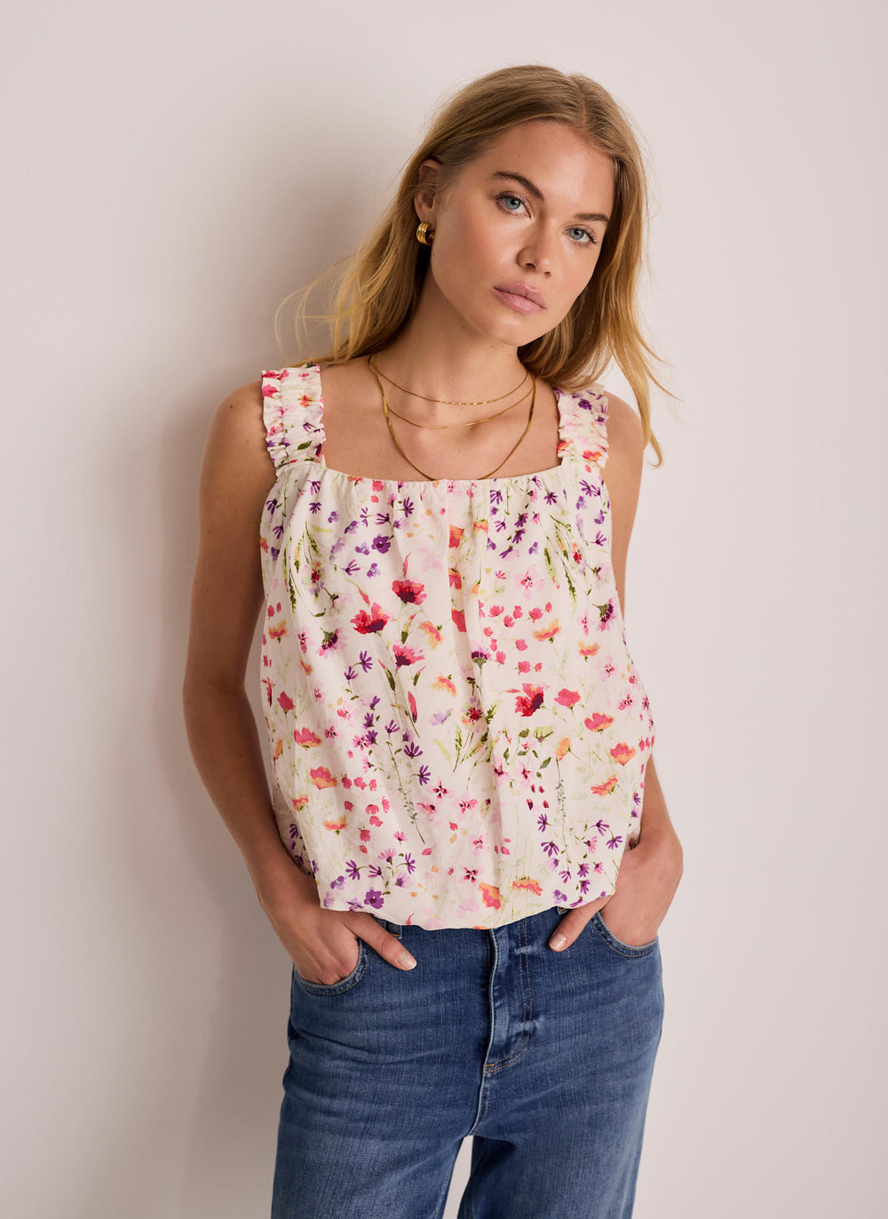 Pink Floral Print Bubble Hem Top