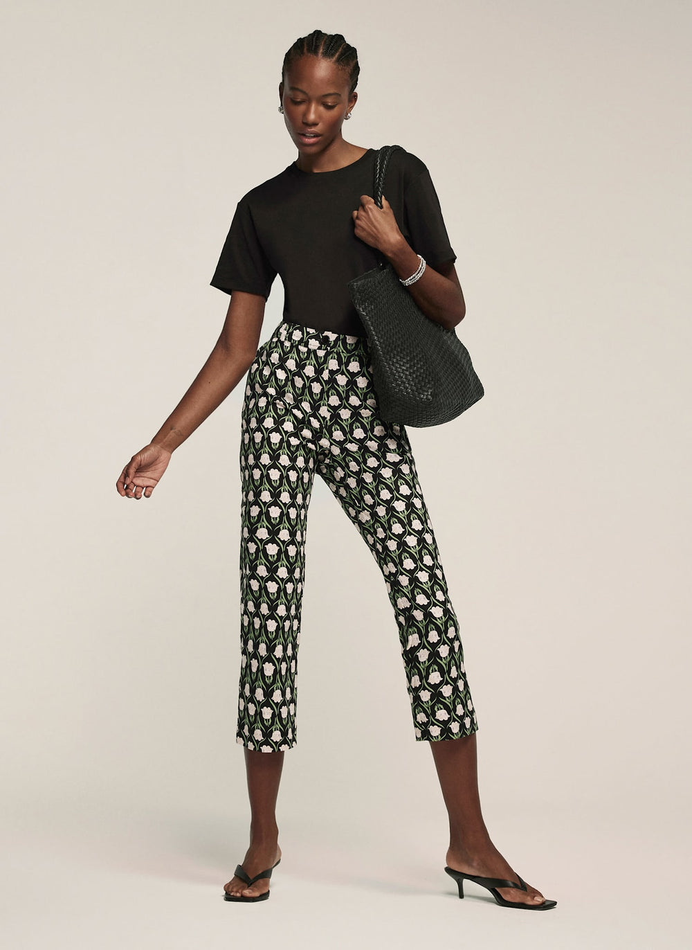 Black Floral Print Capri Trousers
