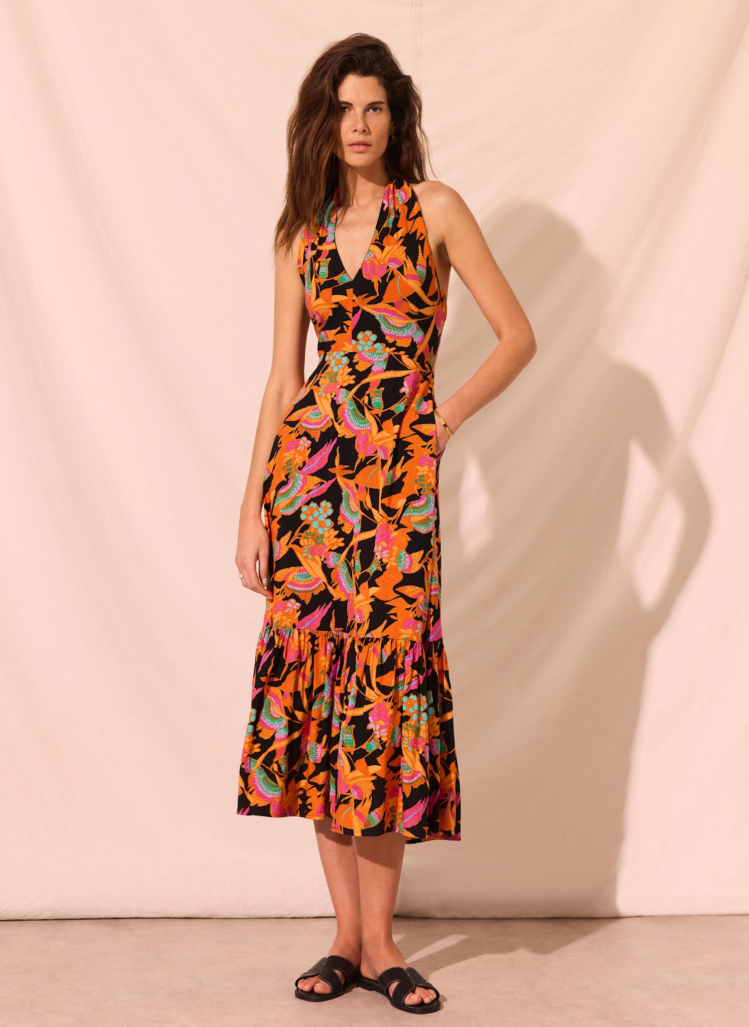 Orange Floral Print Halter Midi Dress Mint Velvet Orange Floral Print Halter Midi Dress Mint Velvet