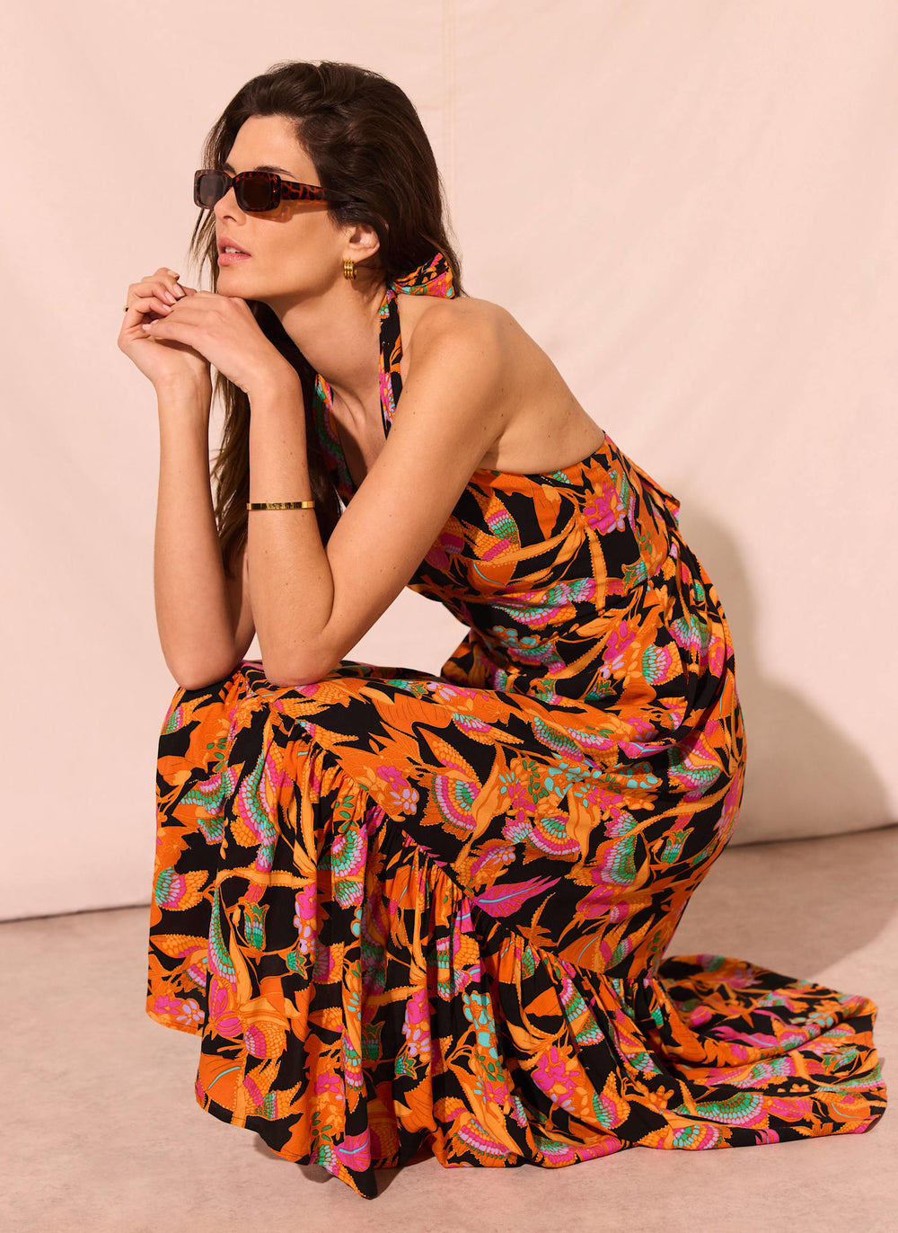 Orange Floral Print Halter Midi Dress