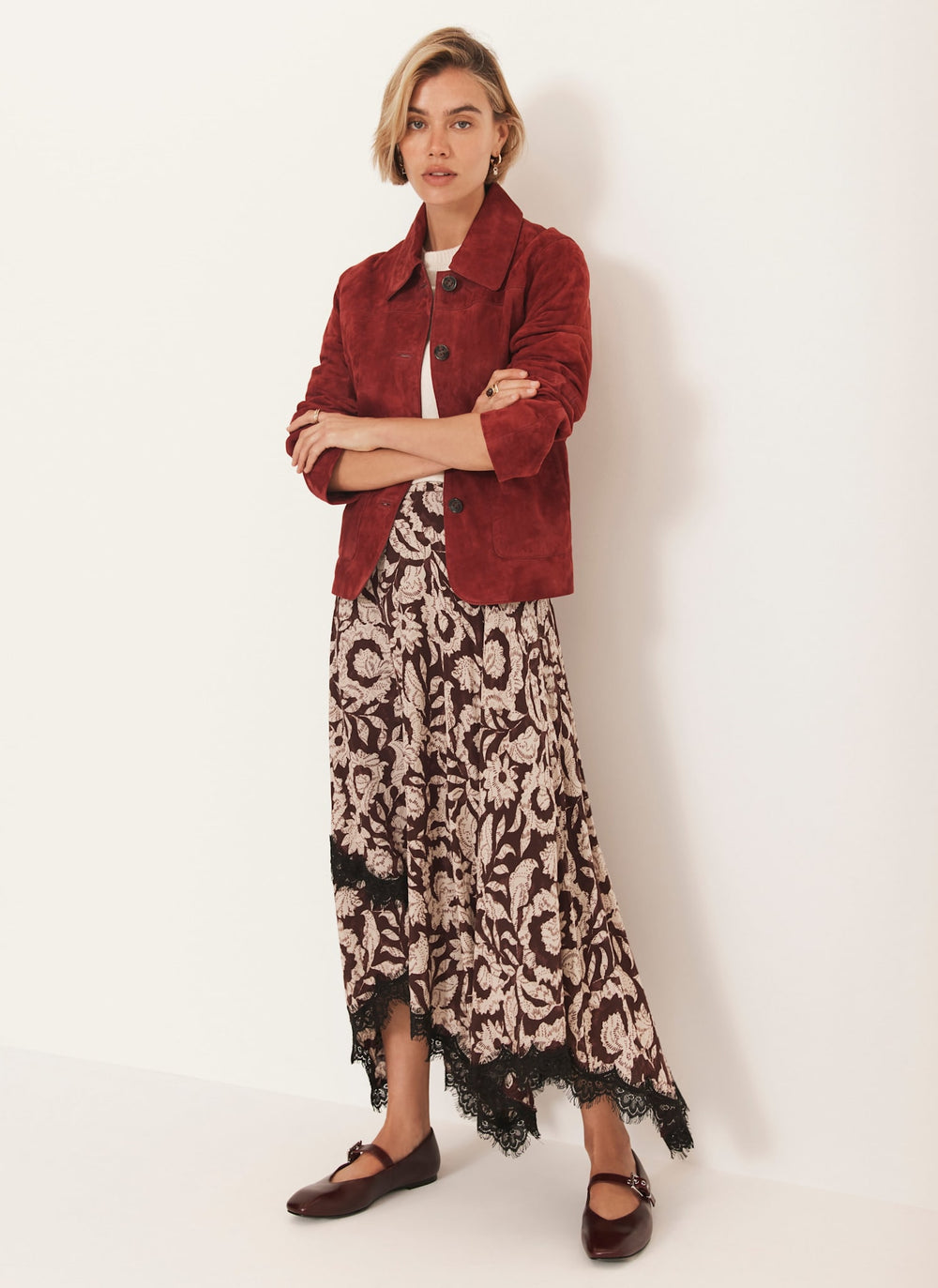 Burgundy Floral Print Lace Trim Skirt