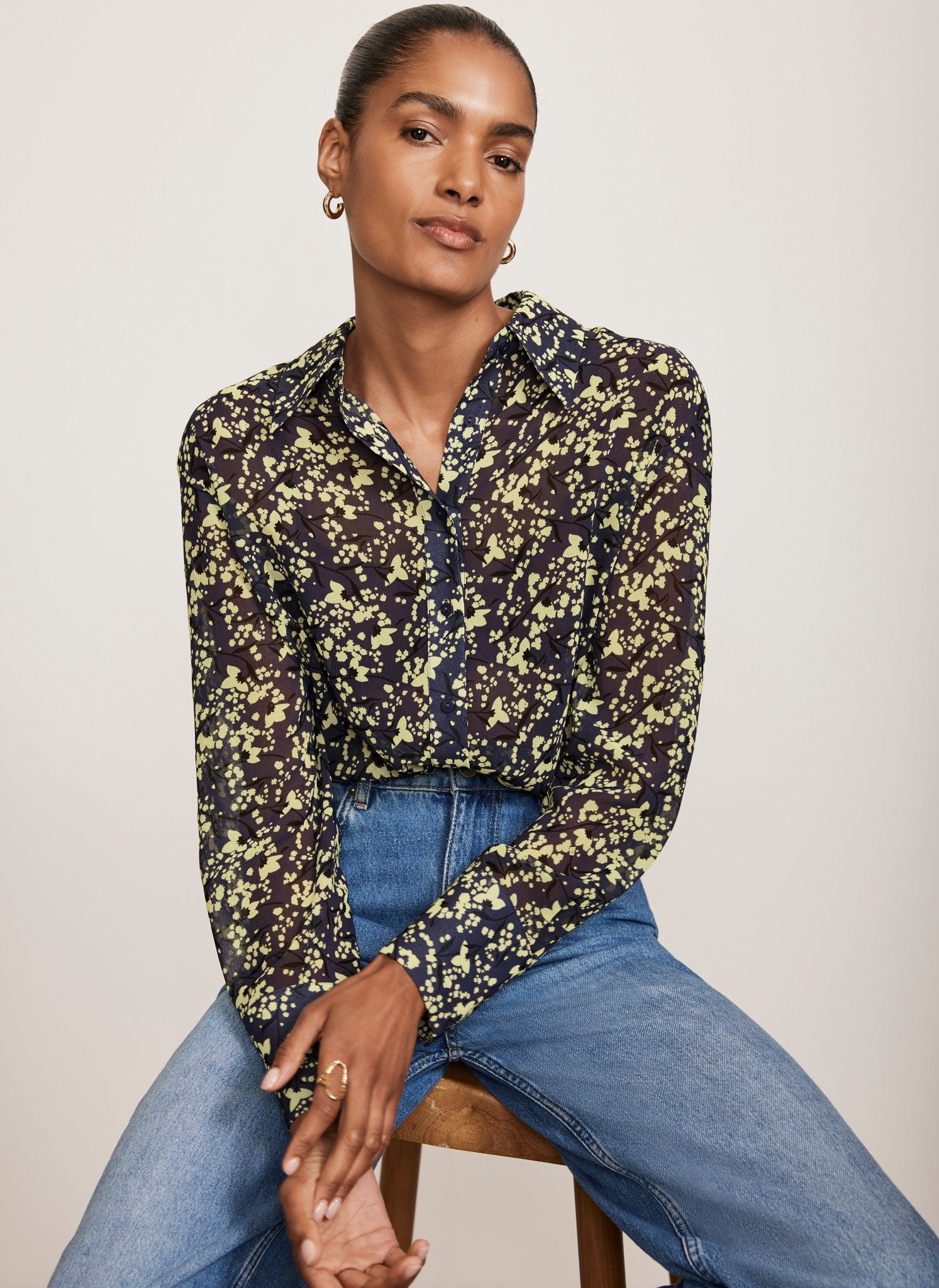 Navy Floral Print Longline Shirt – Mint Velvet