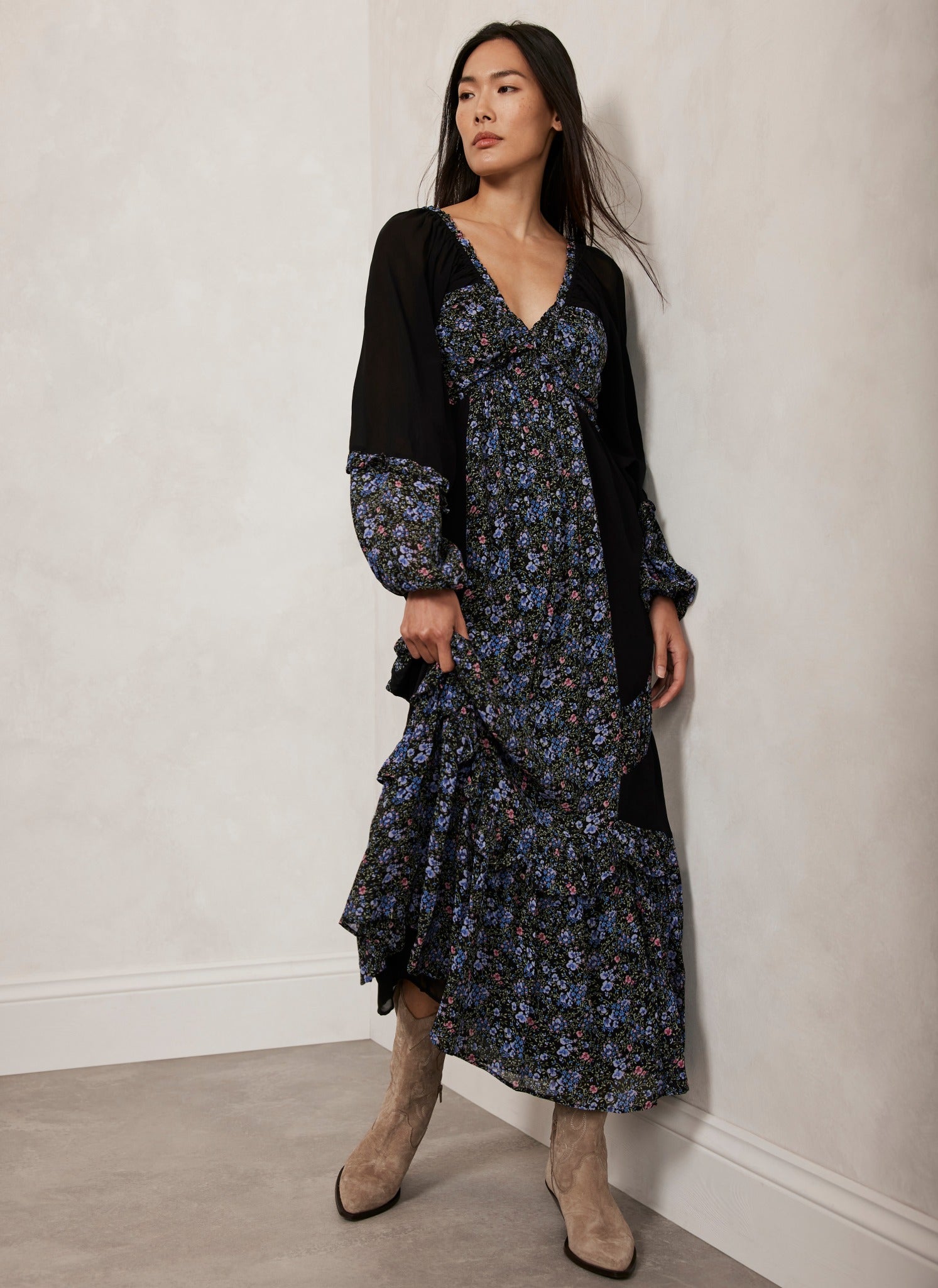 black long sleeve floral dress Floral Black Rayon Dress: Long Sleeve V-neck Boho Chic Tiered Dress