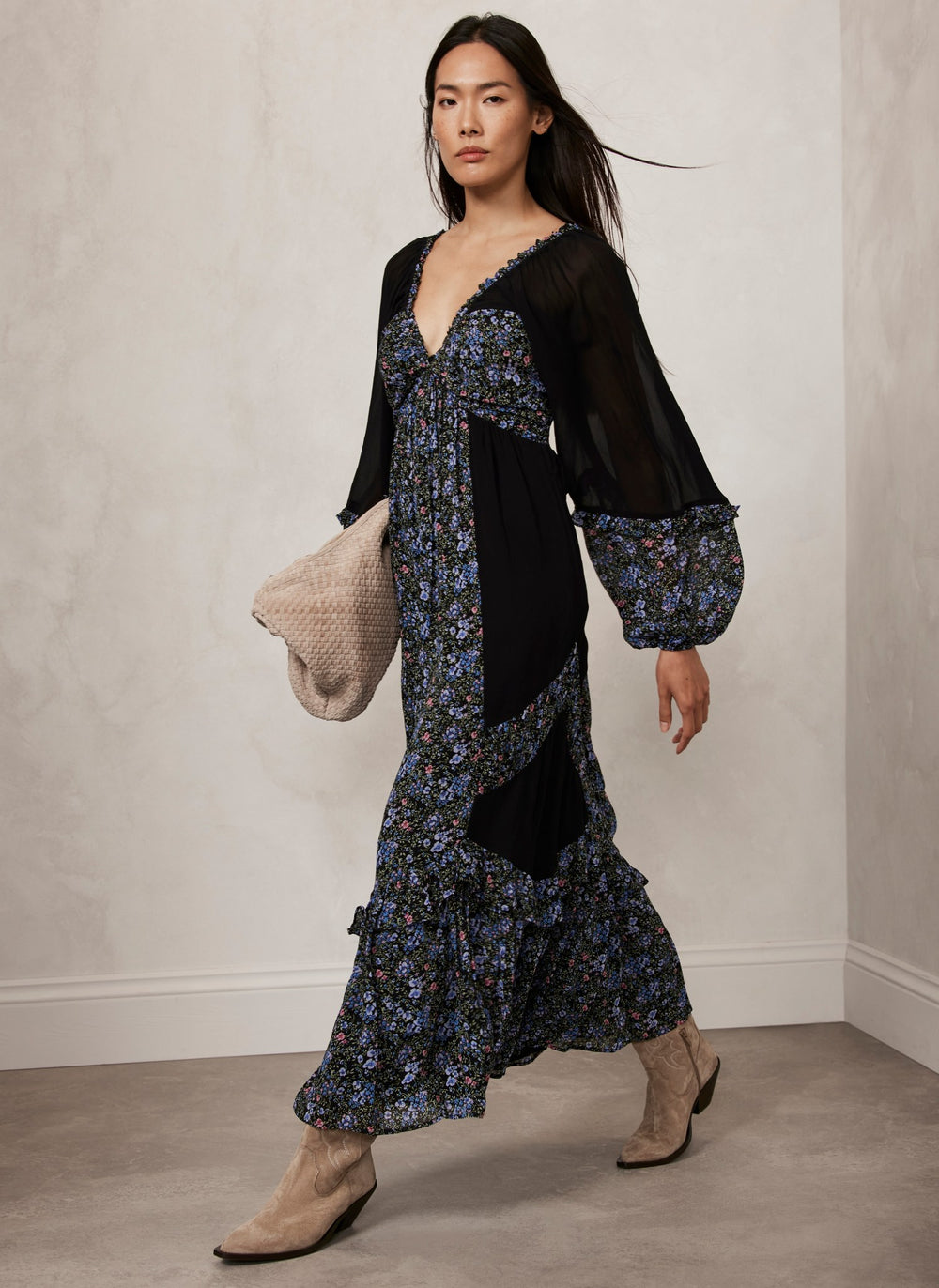 Black Floral Print Maxi Dress