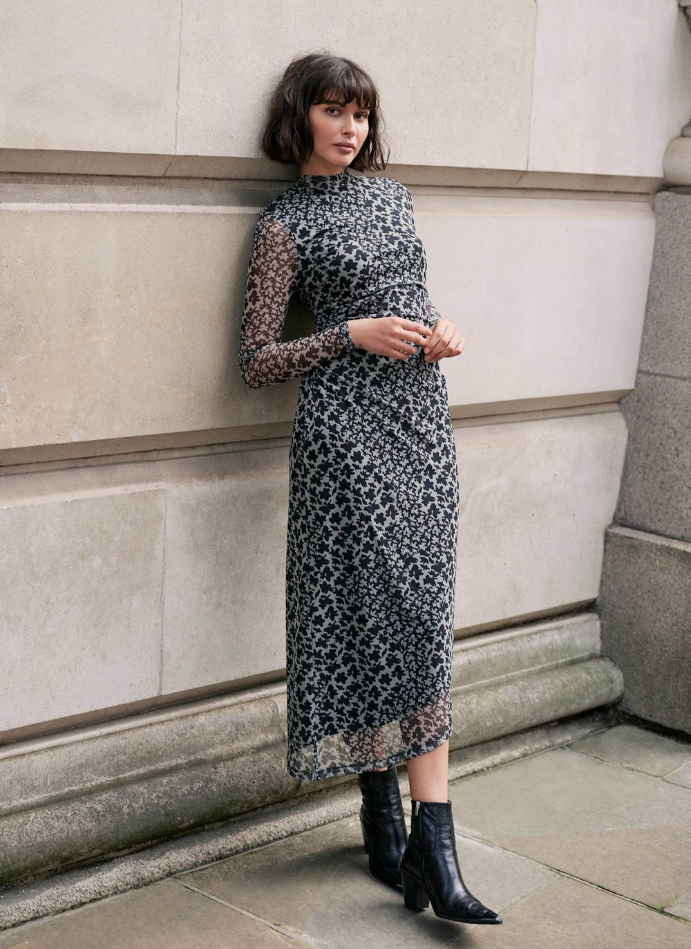 Black Floral Print Mesh Ruched Asymmetric Midi Dress