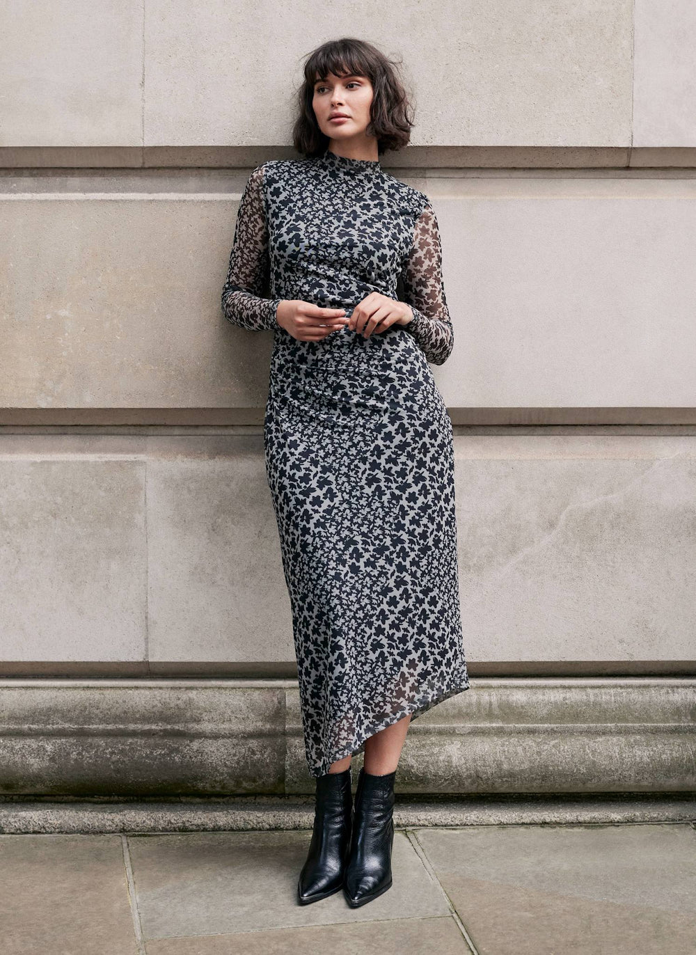 Black Floral Print Mesh Ruched Asymmetric Midi Dress