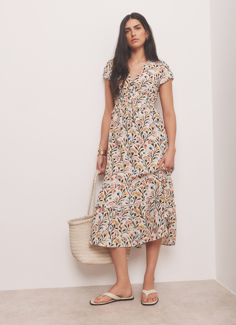 Orange Floral Print Midi Dress