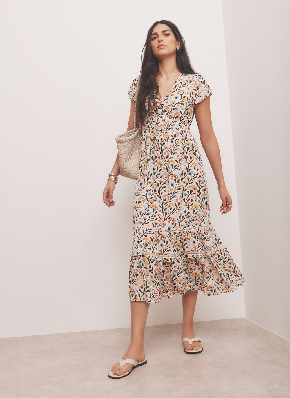 Orange Floral Print Midi Dress