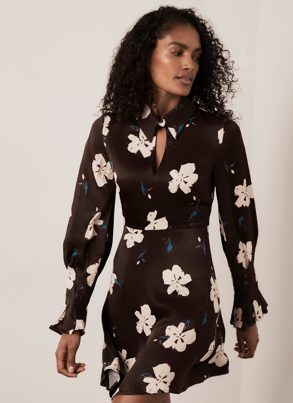 Brown Floral Print Satin Mini Dress