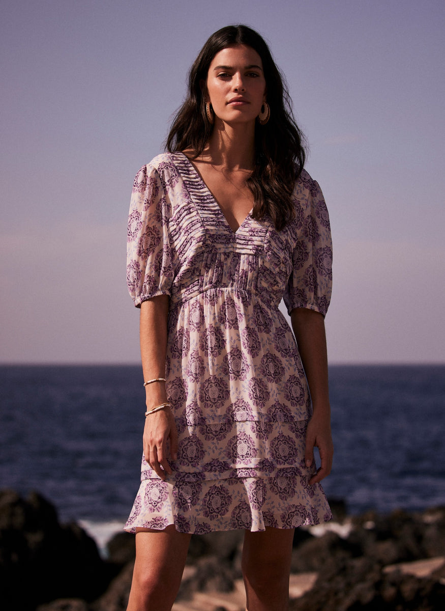 Lilac Floral Pleat Mini Dress Mint Velvet