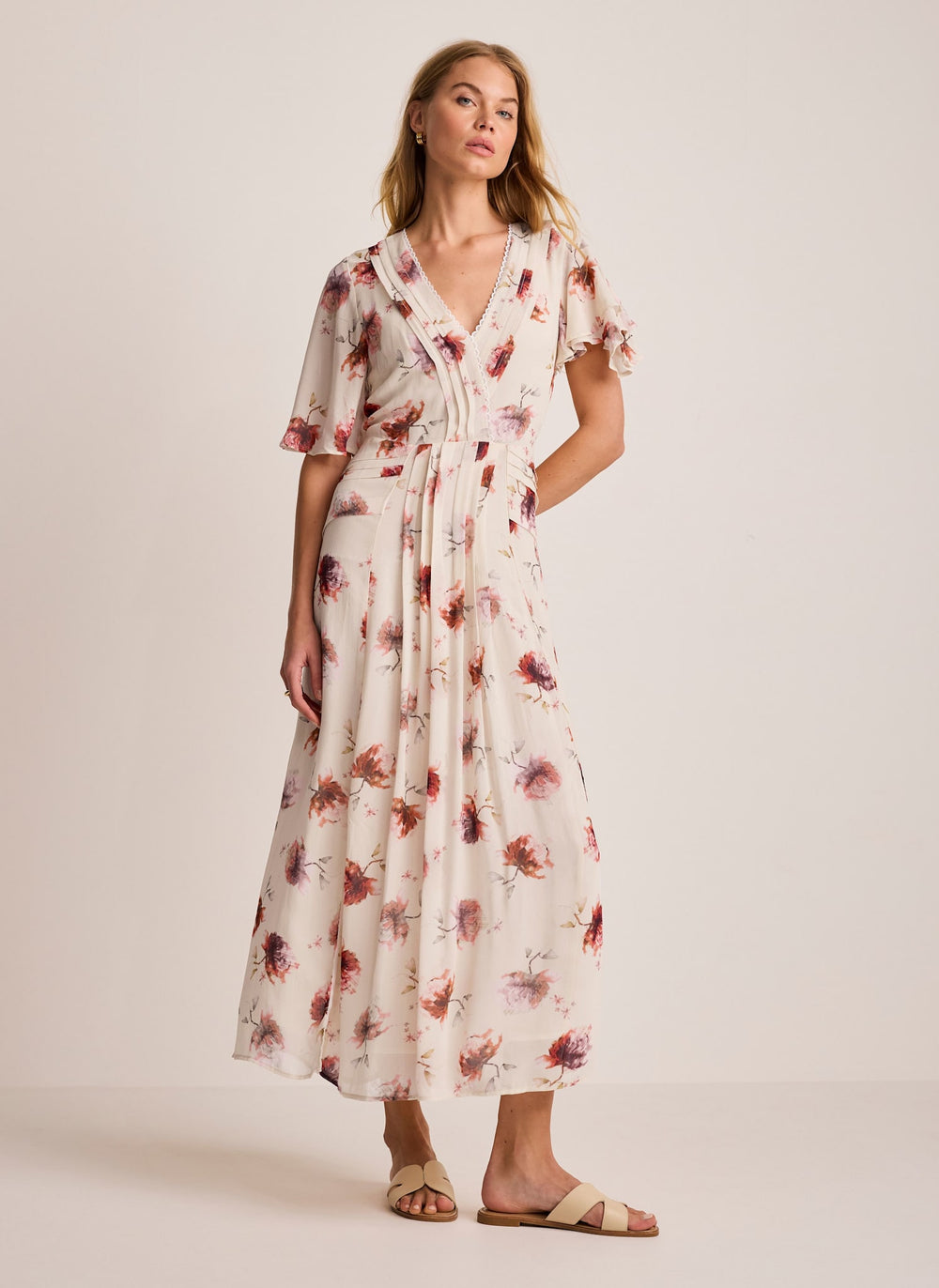 Cream Floral Print Midi Dress