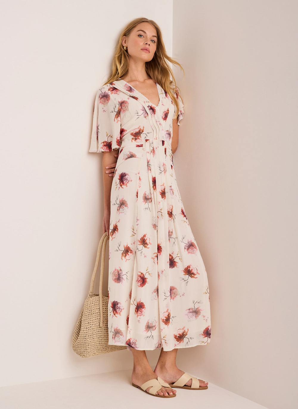 Cream Floral Print Midi Dress
