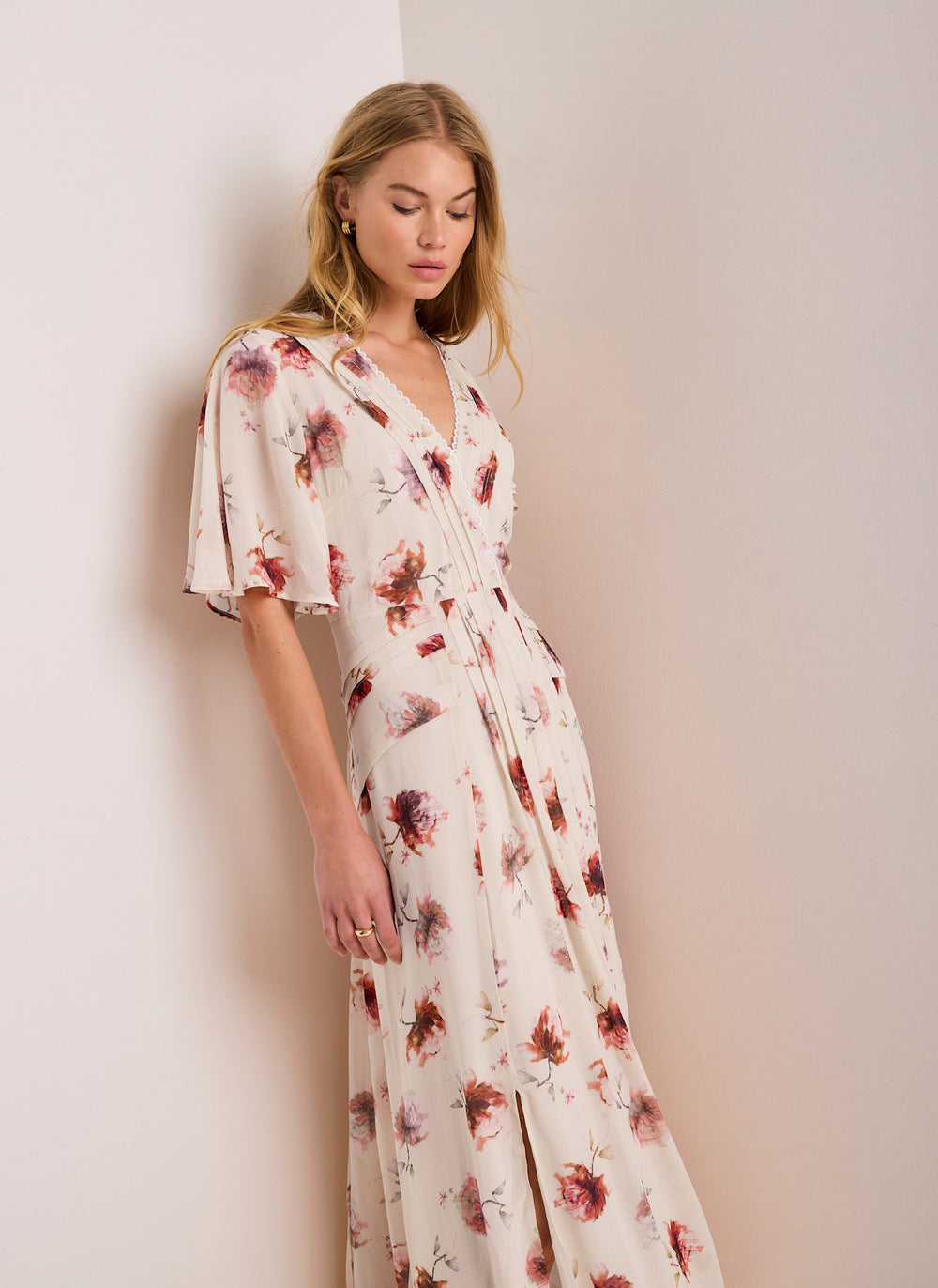 Cream Floral Print Midi Dress