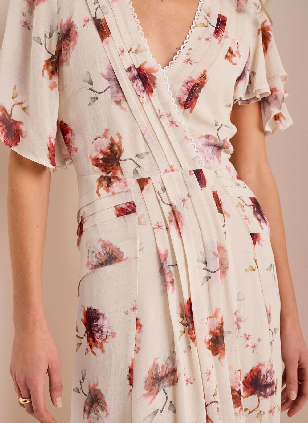 Cream Floral Print Midi Dress