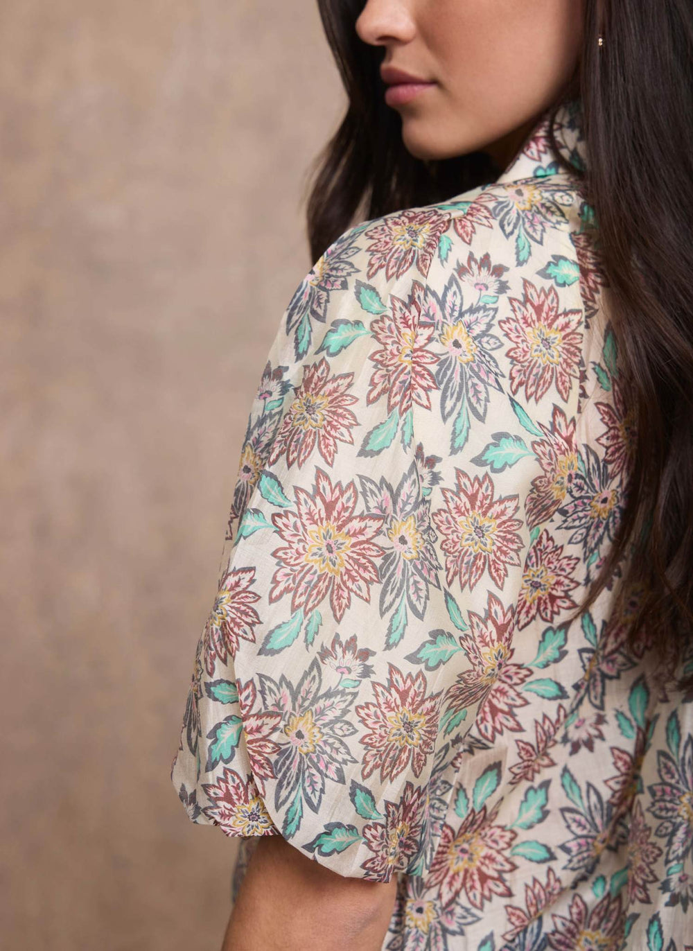 Green Floral Print Puff Sleeve Shirt