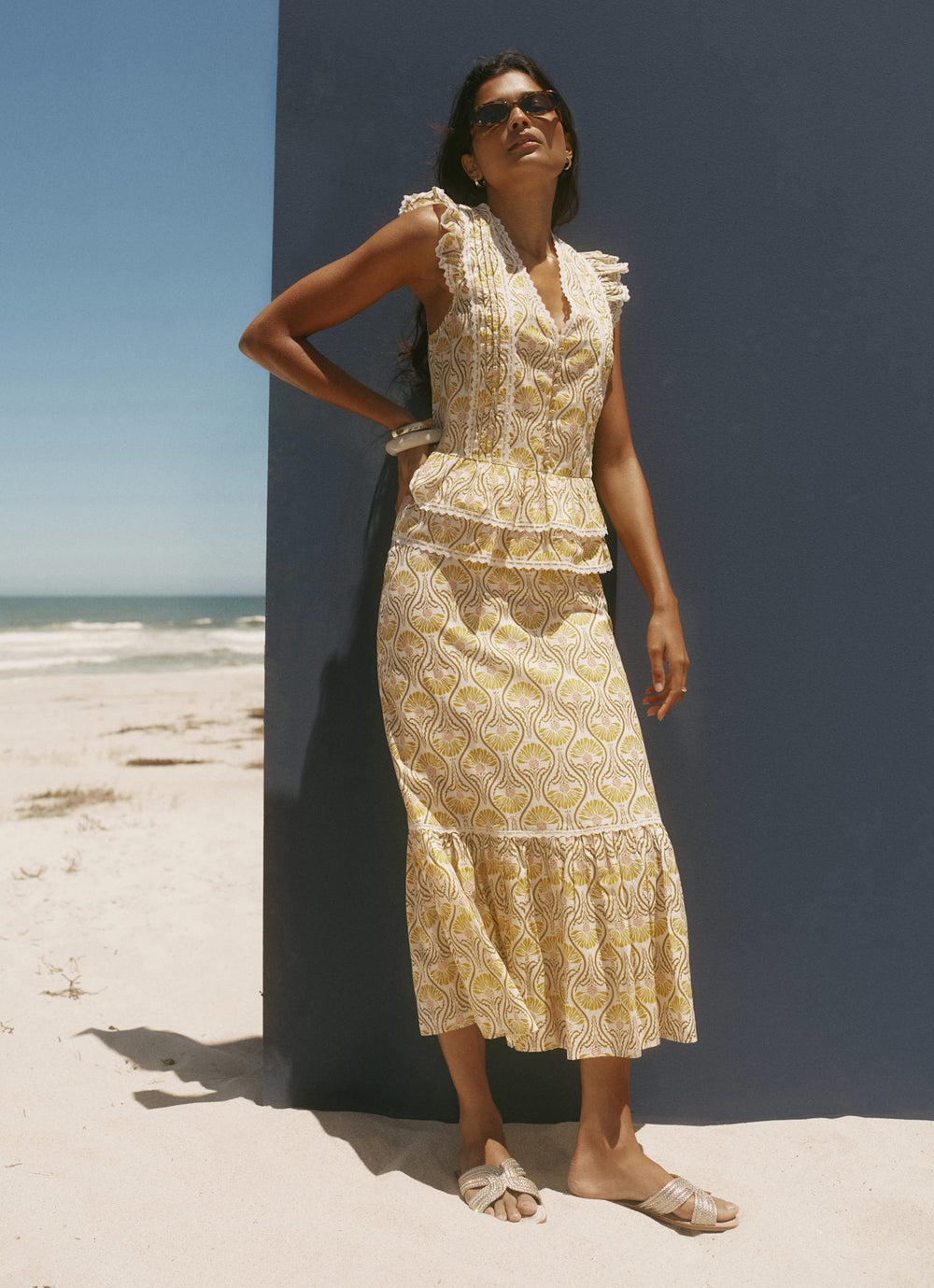 Yellow Cotton Floral Print Midi Skirt