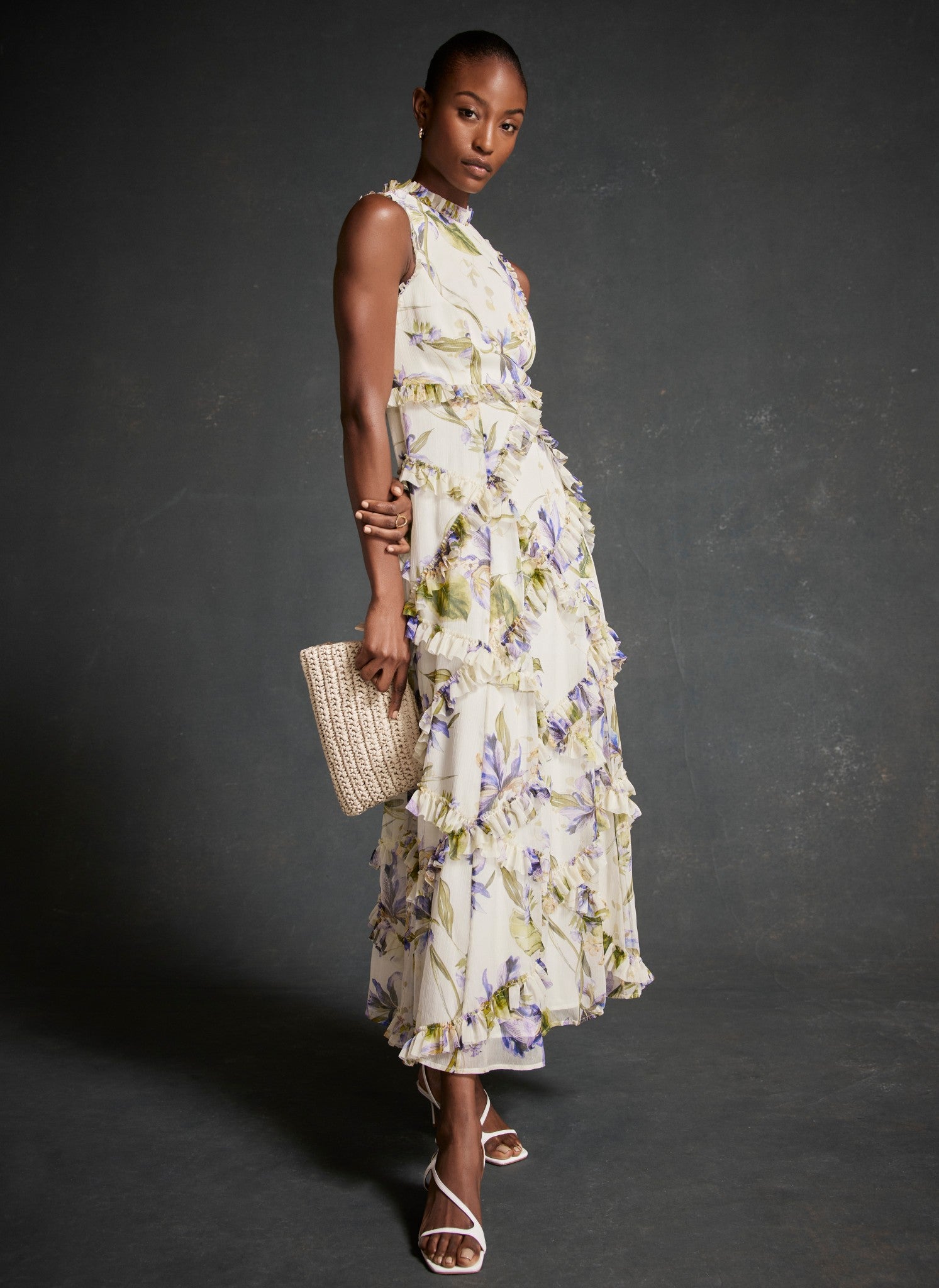 Cream Floral Print Ruffle Maxi Dress Mint Velvet