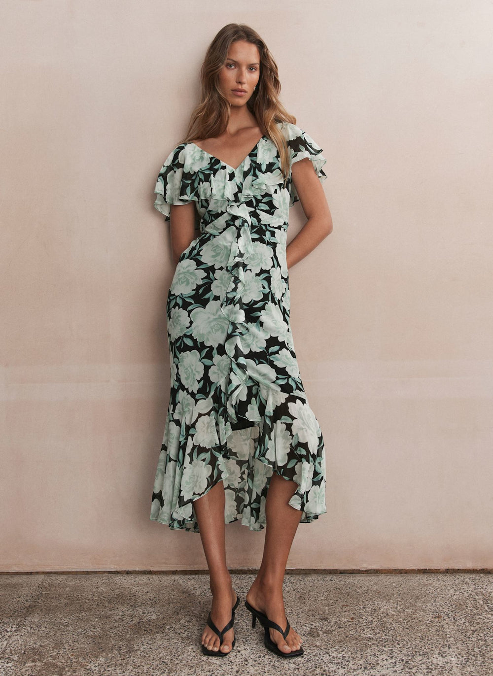 Green Floral Print Ruffle Midi Dress