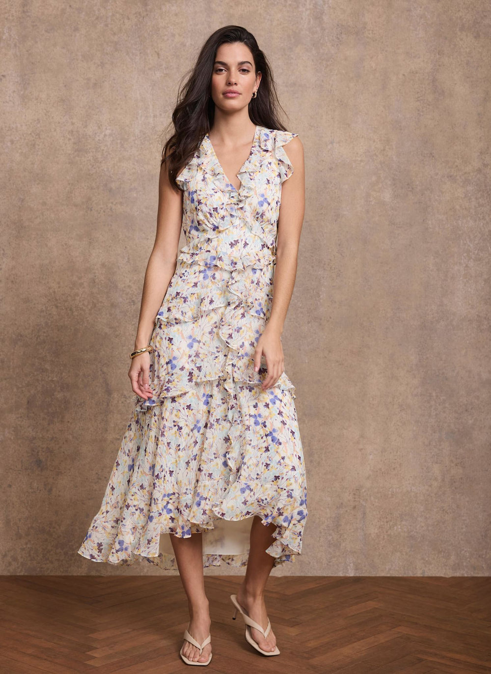 Blue Floral Print Ruffle Midi Dress